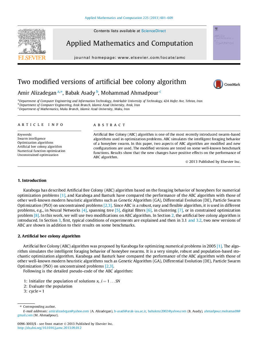 Two modified versions of artificial bee colony algorithm