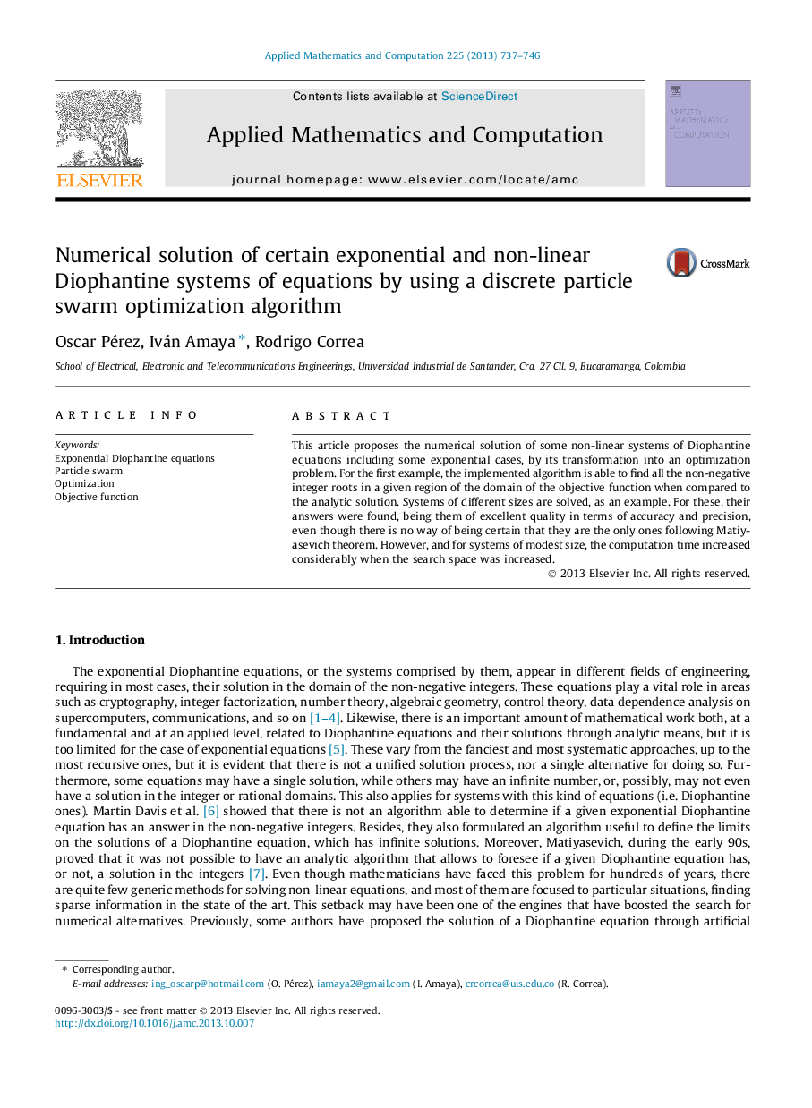 Numerical solution of certain exponential and non-linear Diophantine systems of equations by using a discrete particle swarm optimization algorithm