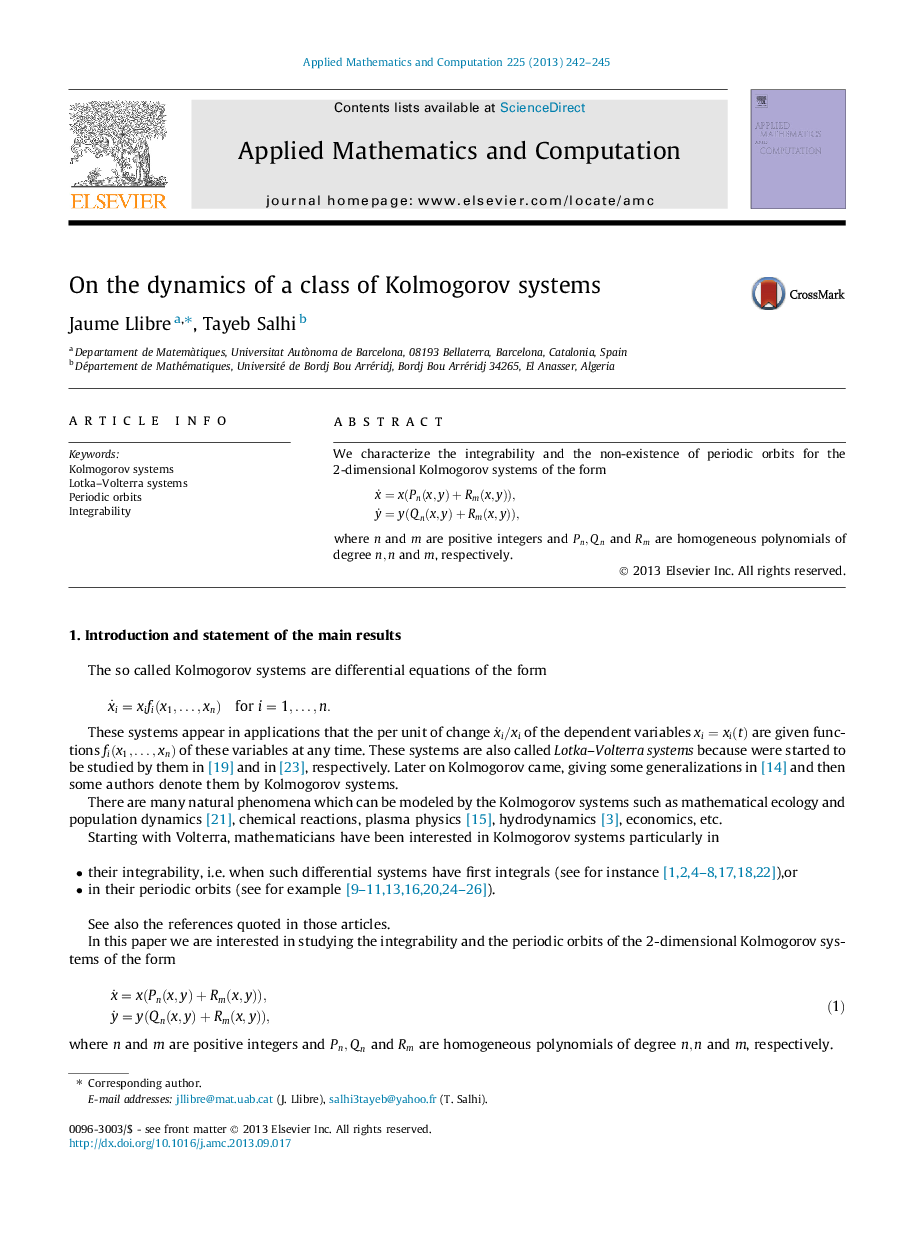 On the dynamics of a class of Kolmogorov systems