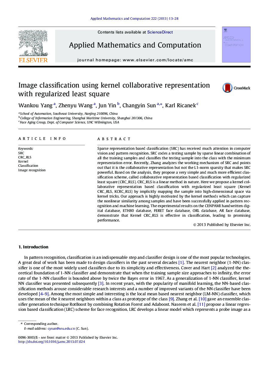 Image classification using kernel collaborative representation with regularized least square