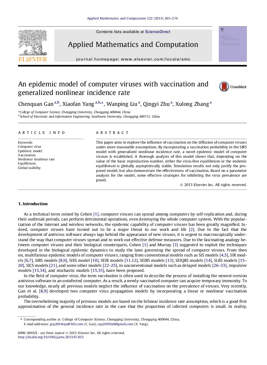 An epidemic model of computer viruses with vaccination and generalized nonlinear incidence rate