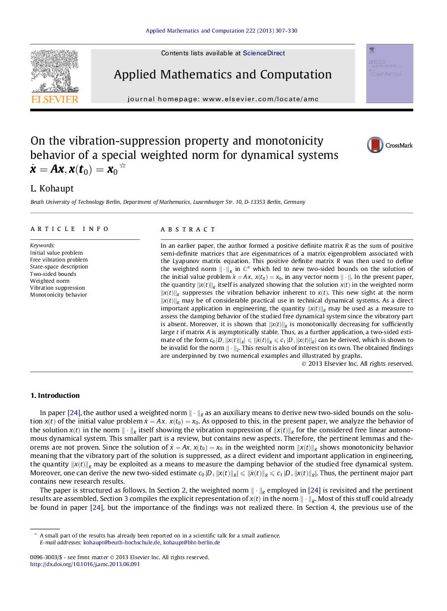 On the vibration-suppression property and monotonicity behavior of a special weighted norm for dynamical systems xÌ=Ax,x(t0)=x0