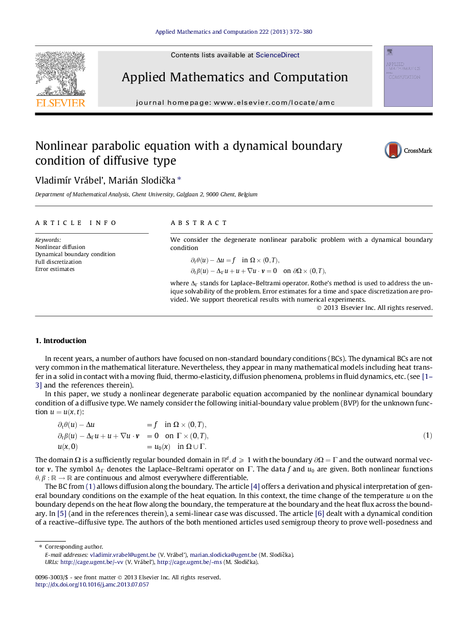 Nonlinear parabolic equation with a dynamical boundary condition of diffusive type