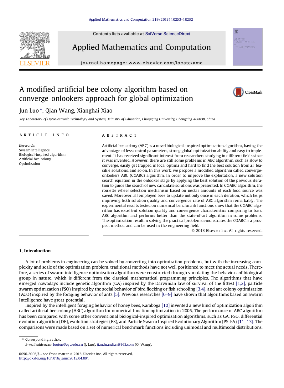 A modified artificial bee colony algorithm based on converge-onlookers approach for global optimization