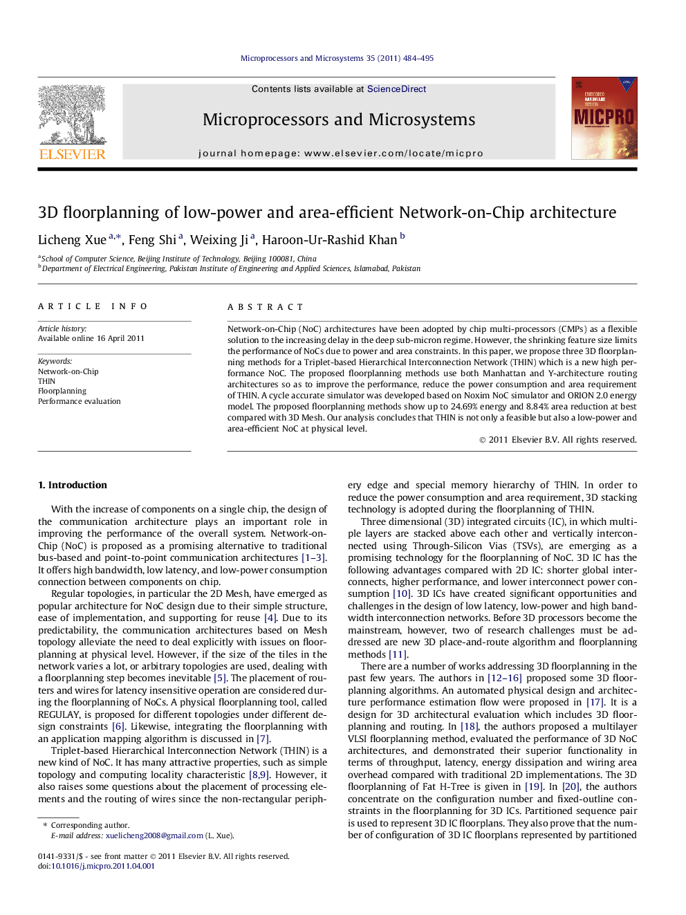 3D floorplanning of low-power and area-efficient Network-on-Chip architecture