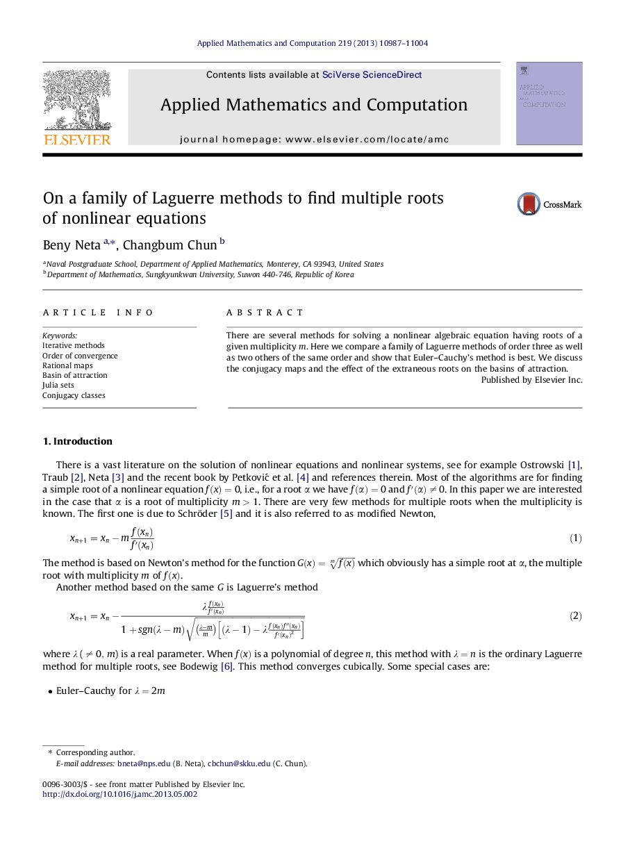 On a family of Laguerre methods to find multiple roots of nonlinear equations