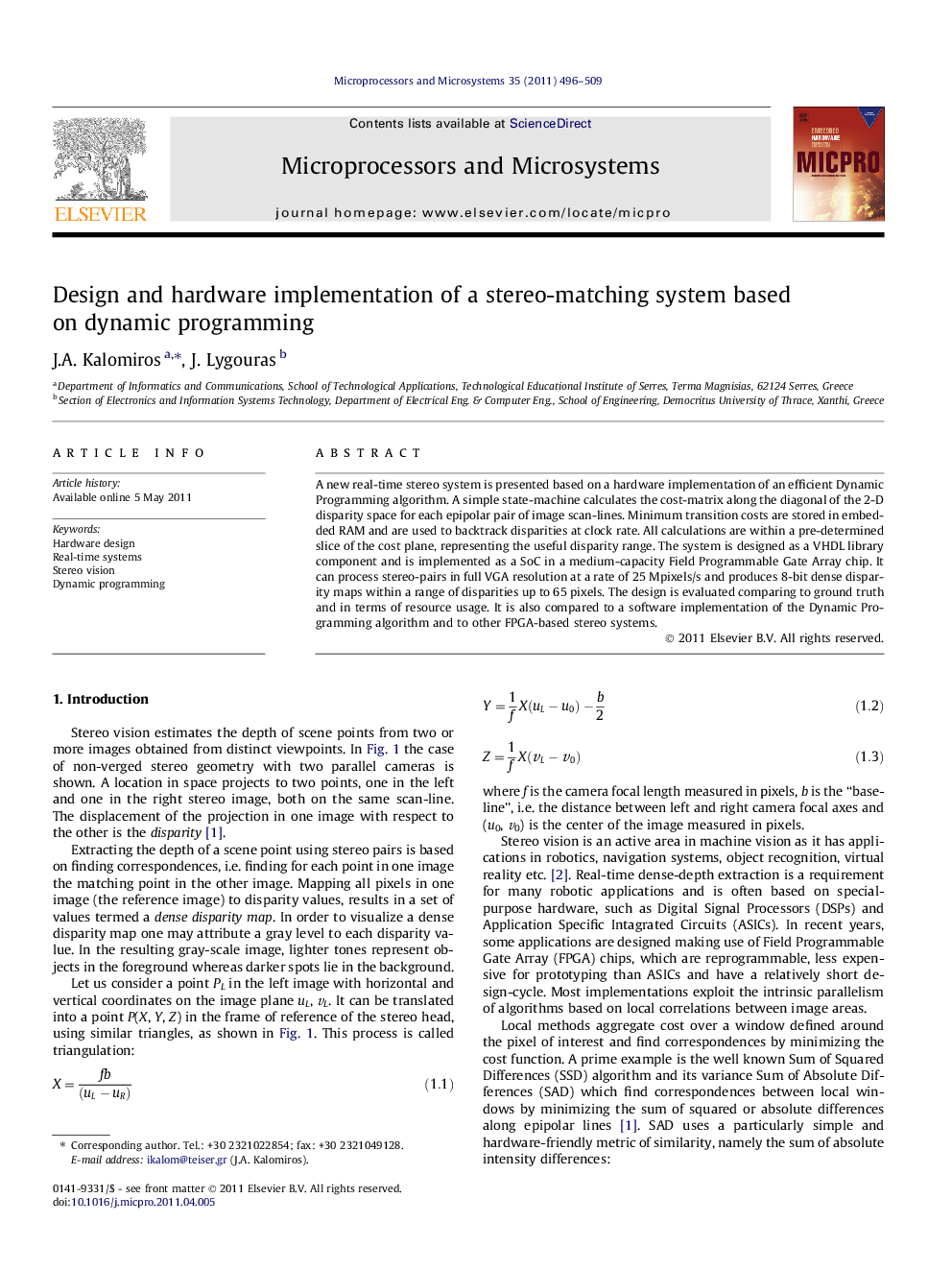 Design and hardware implementation of a stereo-matching system based on dynamic programming