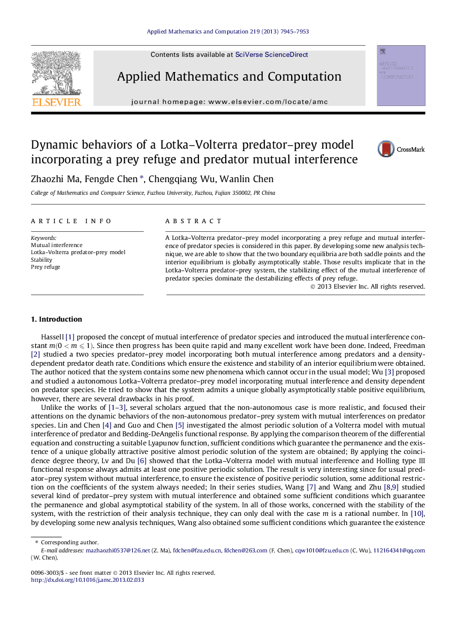 Dynamic behaviors of a Lotka–Volterra predator–prey model incorporating a prey refuge and predator mutual interference