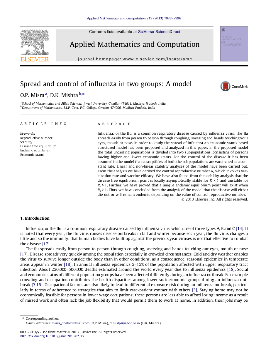 Spread and control of influenza in two groups: A model