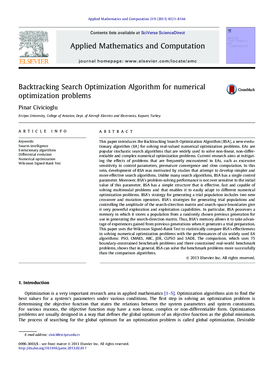 Backtracking Search Optimization Algorithm for numerical optimization problems