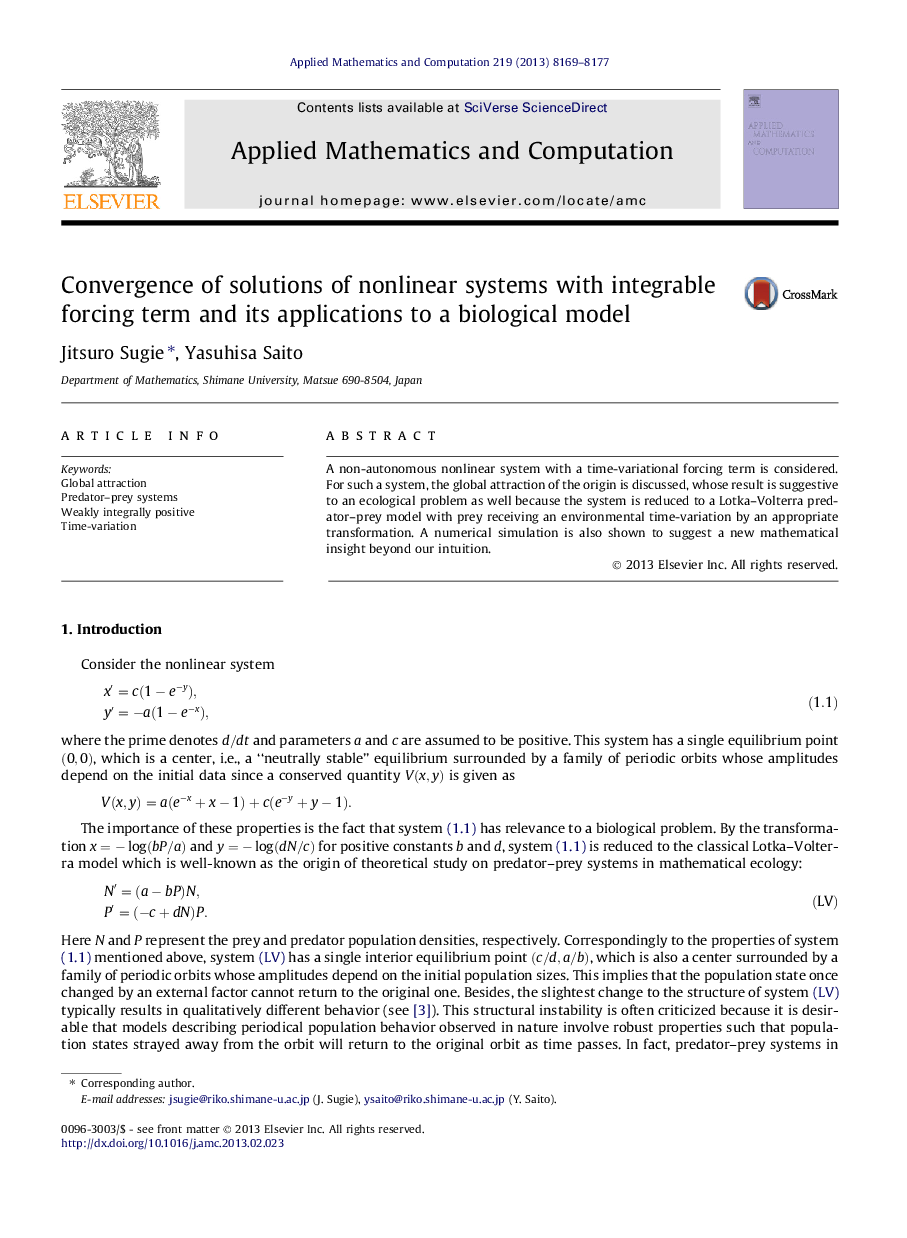 Convergence of solutions of nonlinear systems with integrable forcing term and its applications to a biological model