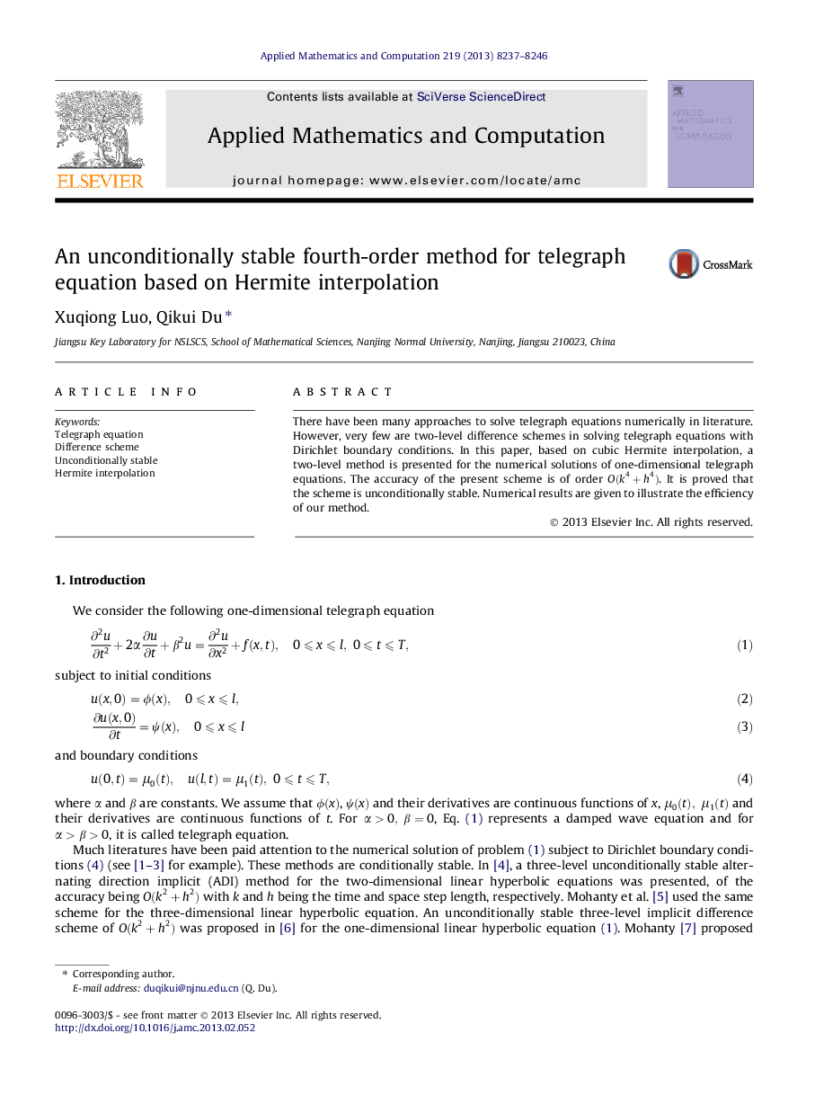 An unconditionally stable fourth-order method for telegraph equation based on Hermite interpolation