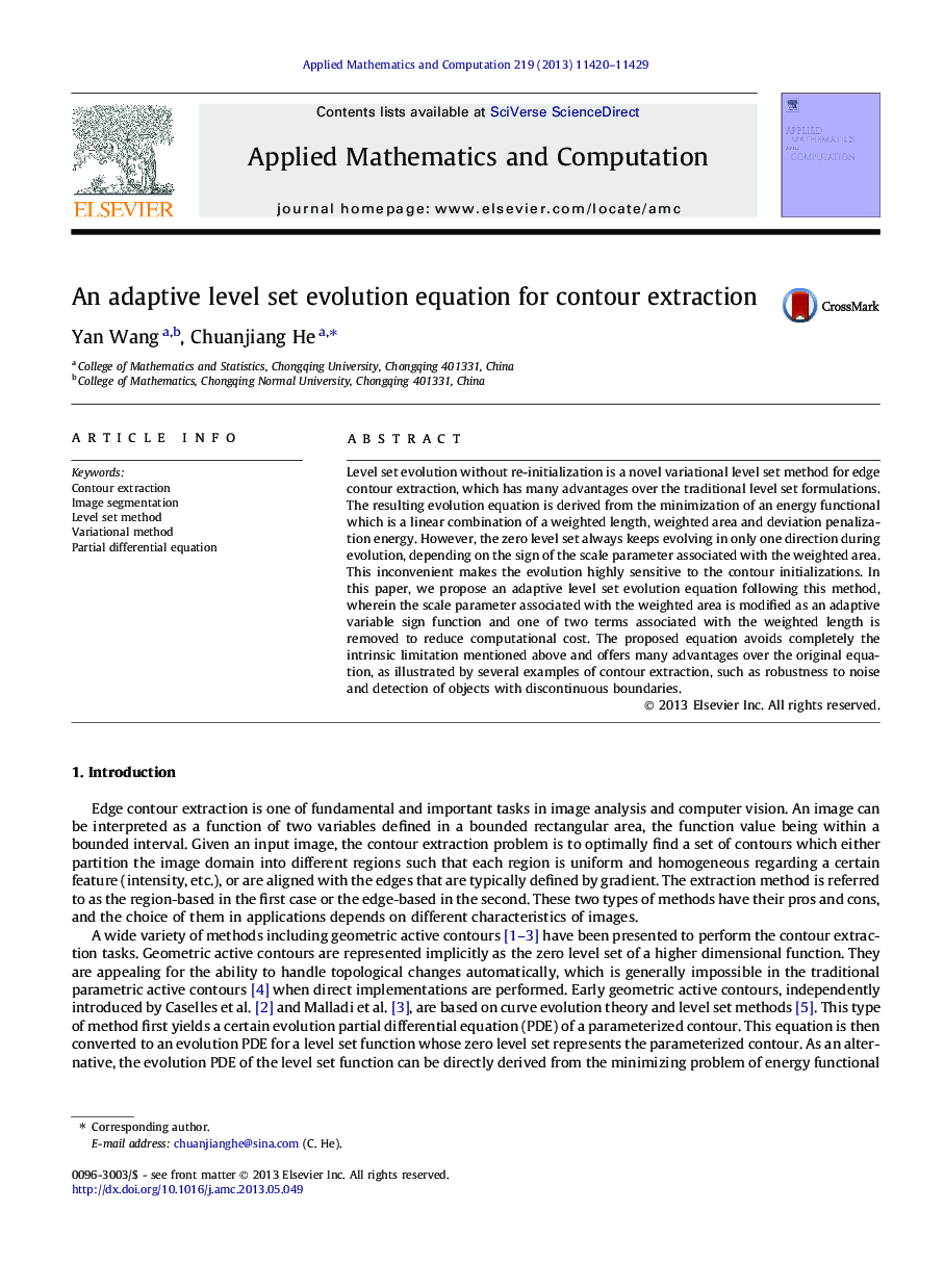 An adaptive level set evolution equation for contour extraction