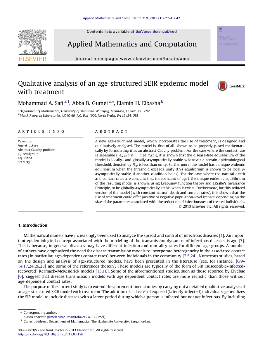 عکس صفحه اول مقاله: Qualitative analysis of an age-structured SEIR epidemic model with treatment Qualitative analysis of an age-structured SEIR epidemic model with treatment