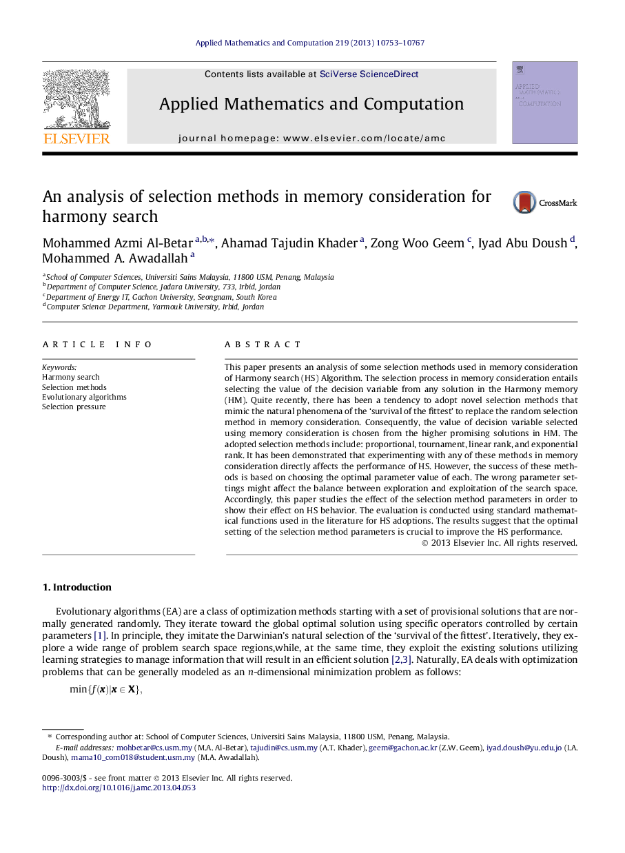 An analysis of selection methods in memory consideration for harmony search