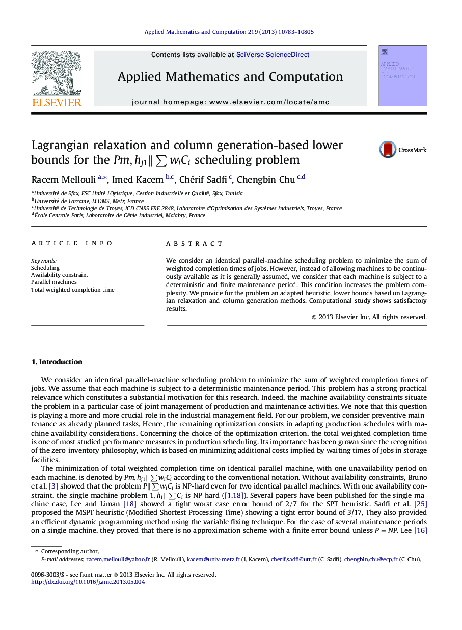 Lagrangian relaxation and column generation-based lower bounds for the Pm,hj1‖∑wiCiPm,hj1‖∑wiCi scheduling problem