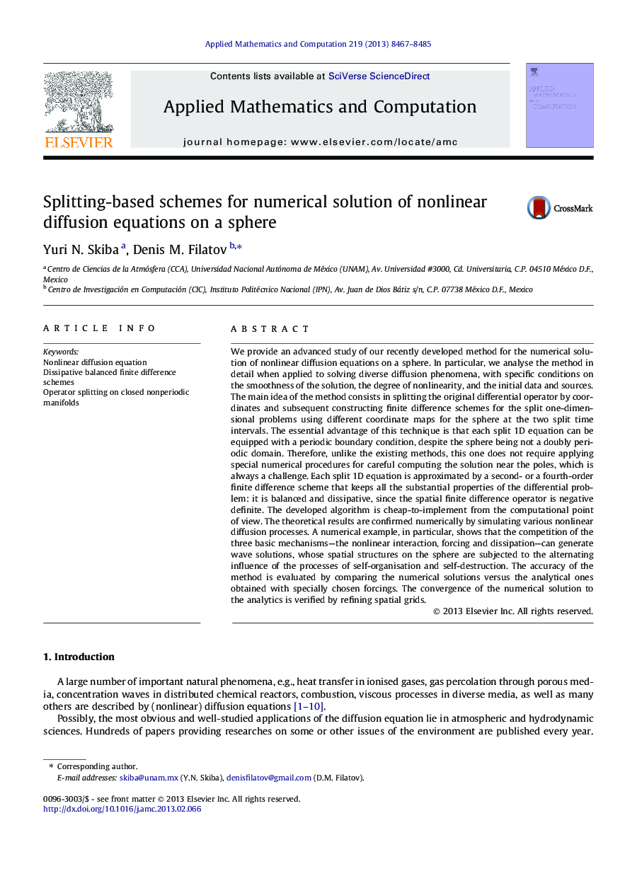 Splitting-based schemes for numerical solution of nonlinear diffusion equations on a sphere