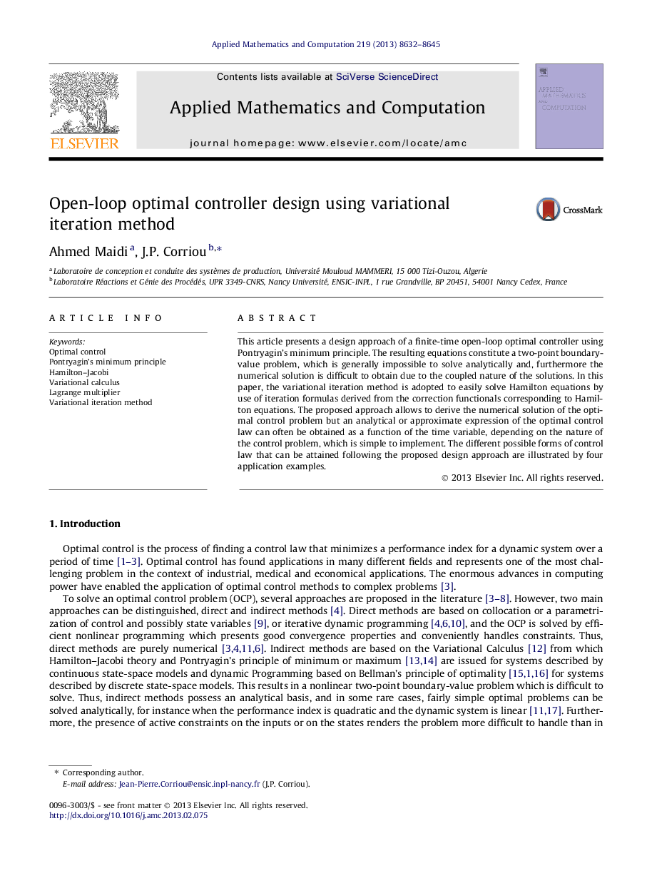 Open-loop optimal controller design using variational iteration method