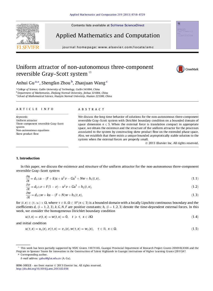 Uniform attractor of non-autonomous three-component reversible Gray-Scott system