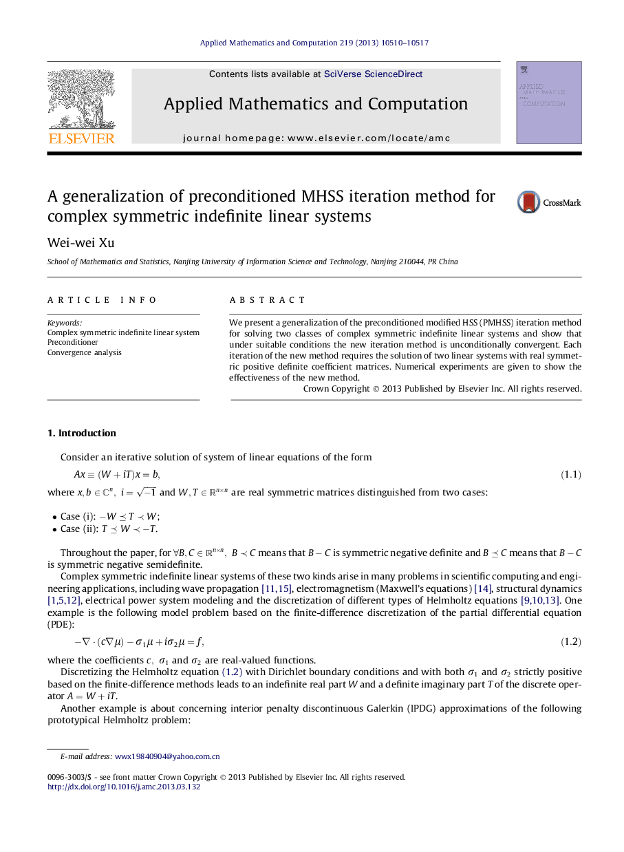 A generalization of preconditioned MHSS iteration method for complex symmetric indefinite linear systems