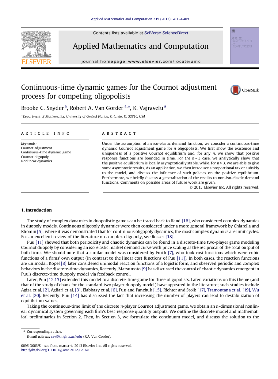 Continuous-time dynamic games for the Cournot adjustment process for competing oligopolists