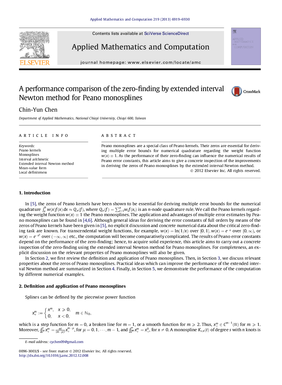عکس صفحه اول مقاله: A performance comparison of the zero-finding by extended interval Newton method for Peano monosplines A performance comparison of the zero-finding by extended interval Newton method for Peano monosplines