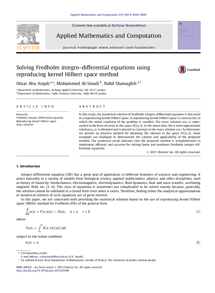 Solving Fredholm integro–differential equations using reproducing kernel Hilbert space method