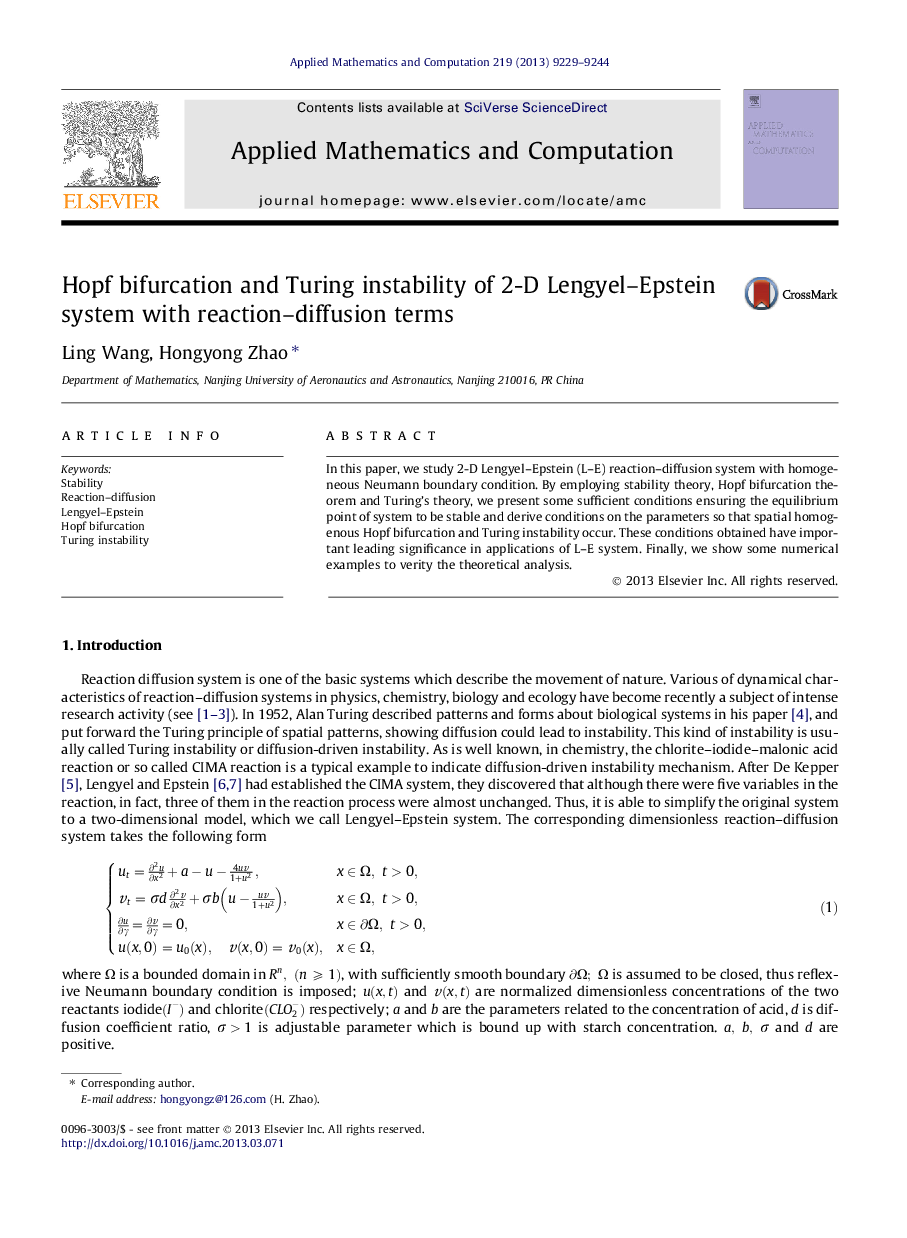 Hopf bifurcation and Turing instability of 2-D Lengyel–Epstein system with reaction–diffusion terms