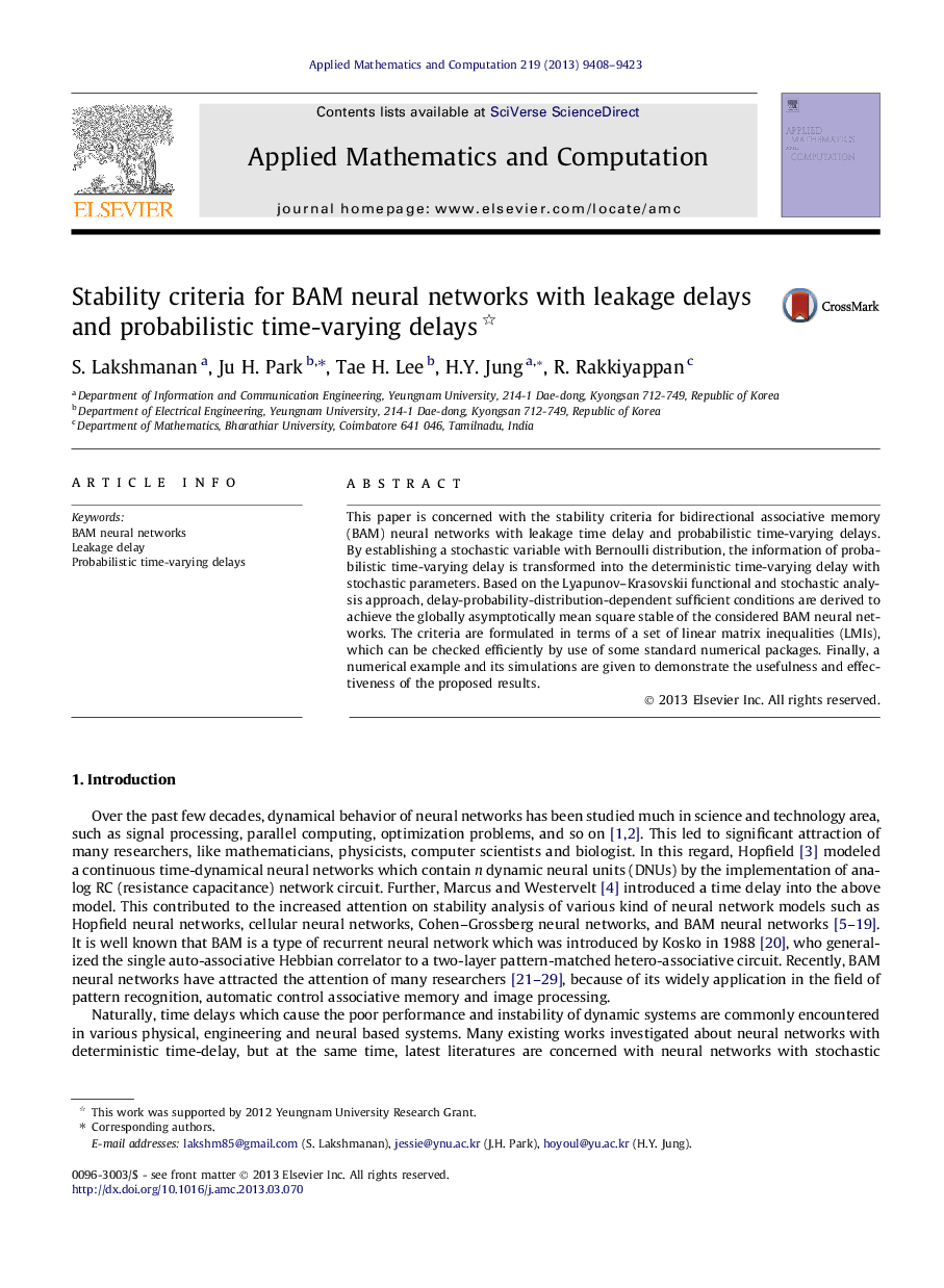 Stability criteria for BAM neural networks with leakage delays and probabilistic time-varying delays 