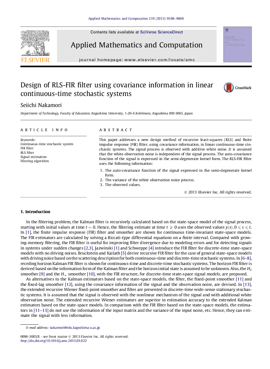 Design of RLS-FIR filter using covariance information in linear continuous-time stochastic systems