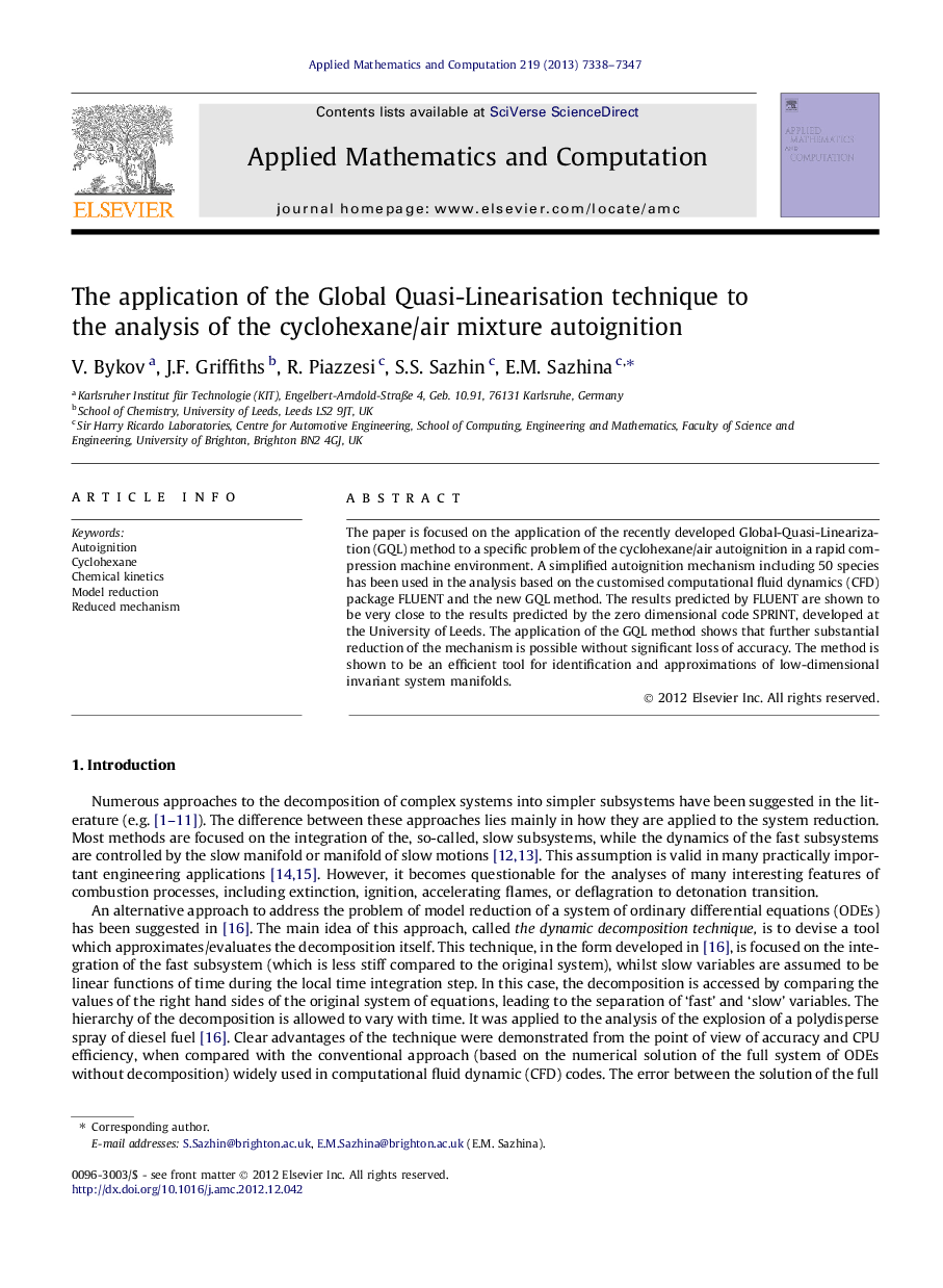 The application of the Global Quasi-Linearisation technique to the analysis of the cyclohexane/air mixture autoignition