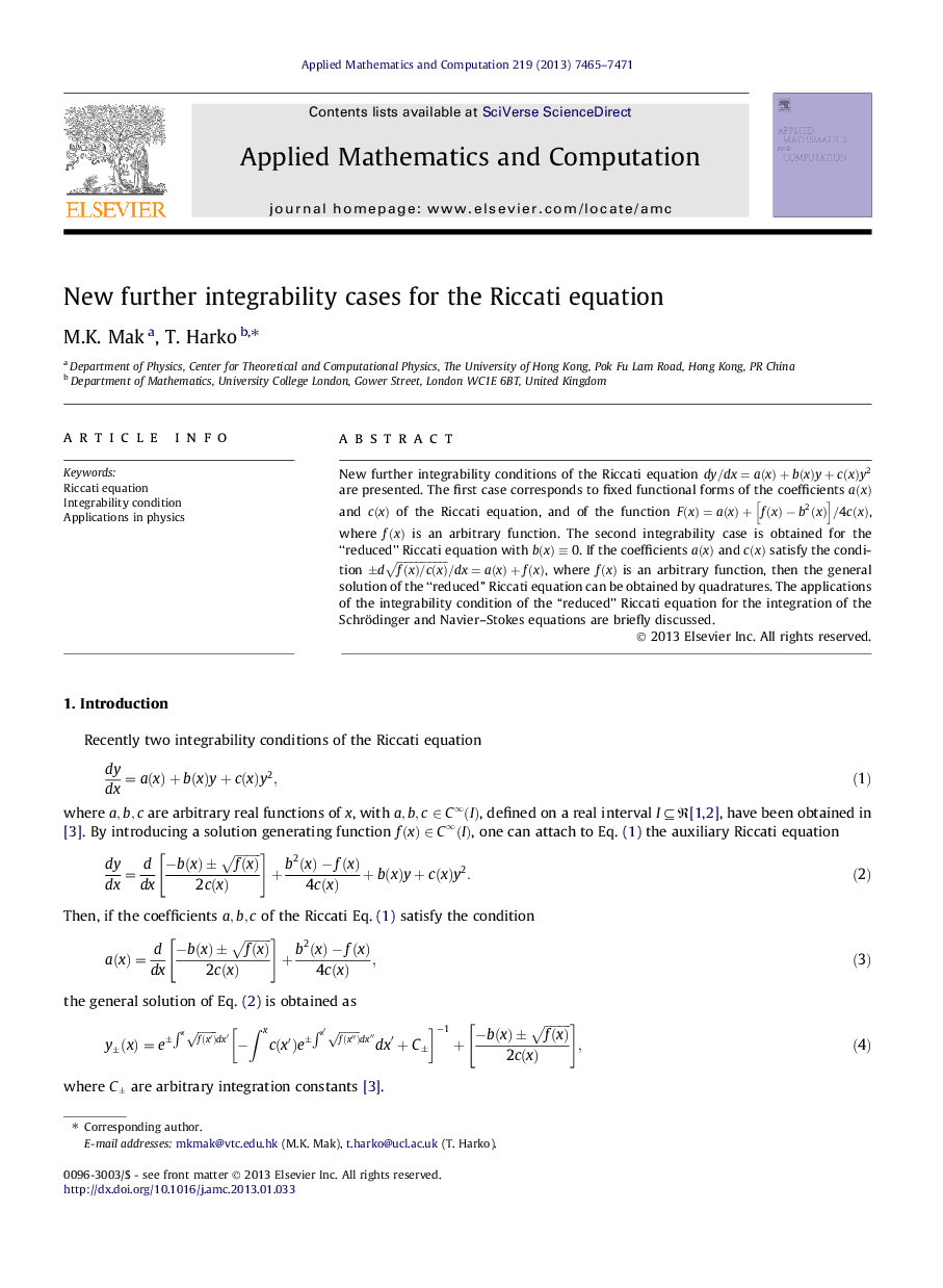 New further integrability cases for the Riccati equation