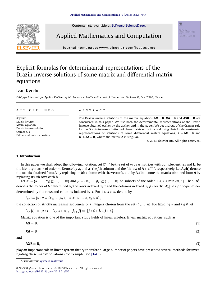 Explicit formulas for determinantal representations of the Drazin inverse solutions of some matrix and differential matrix equations