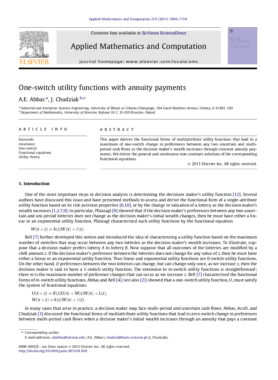 One-switch utility functions with annuity payments