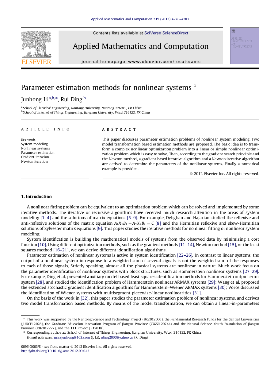 Parameter estimation methods for nonlinear systems 