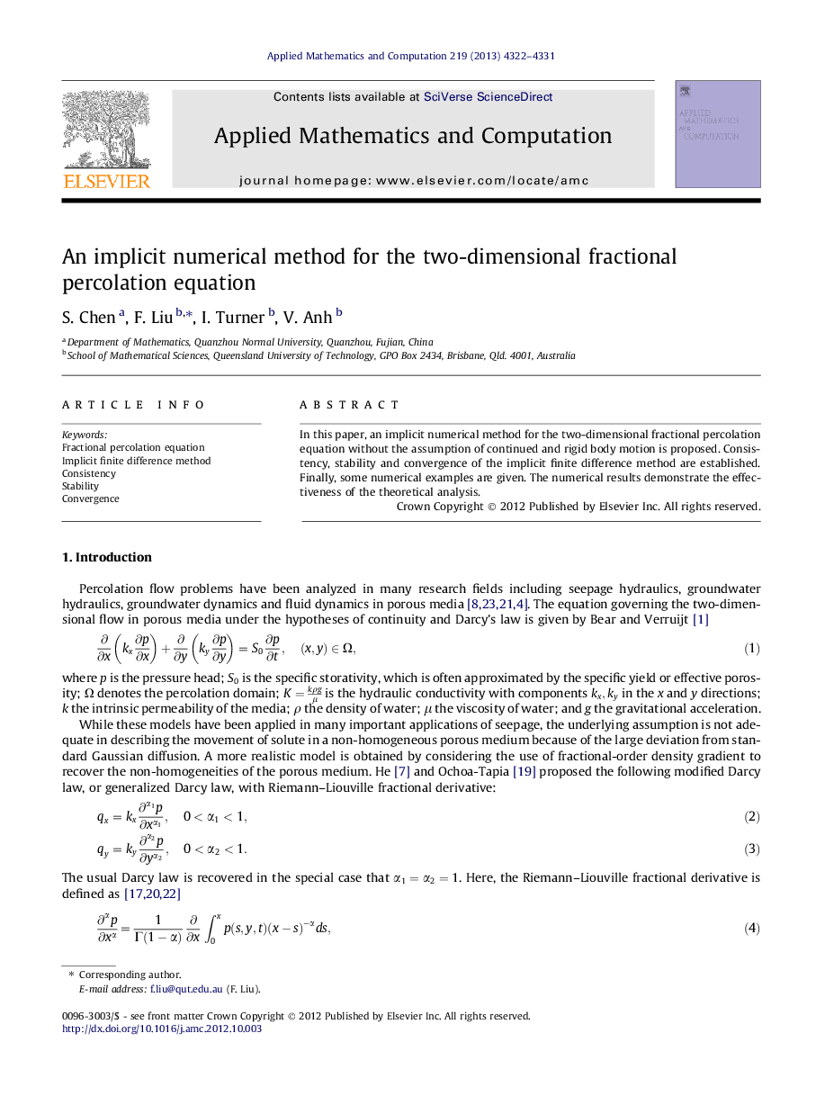 An implicit numerical method for the two-dimensional fractional percolation equation