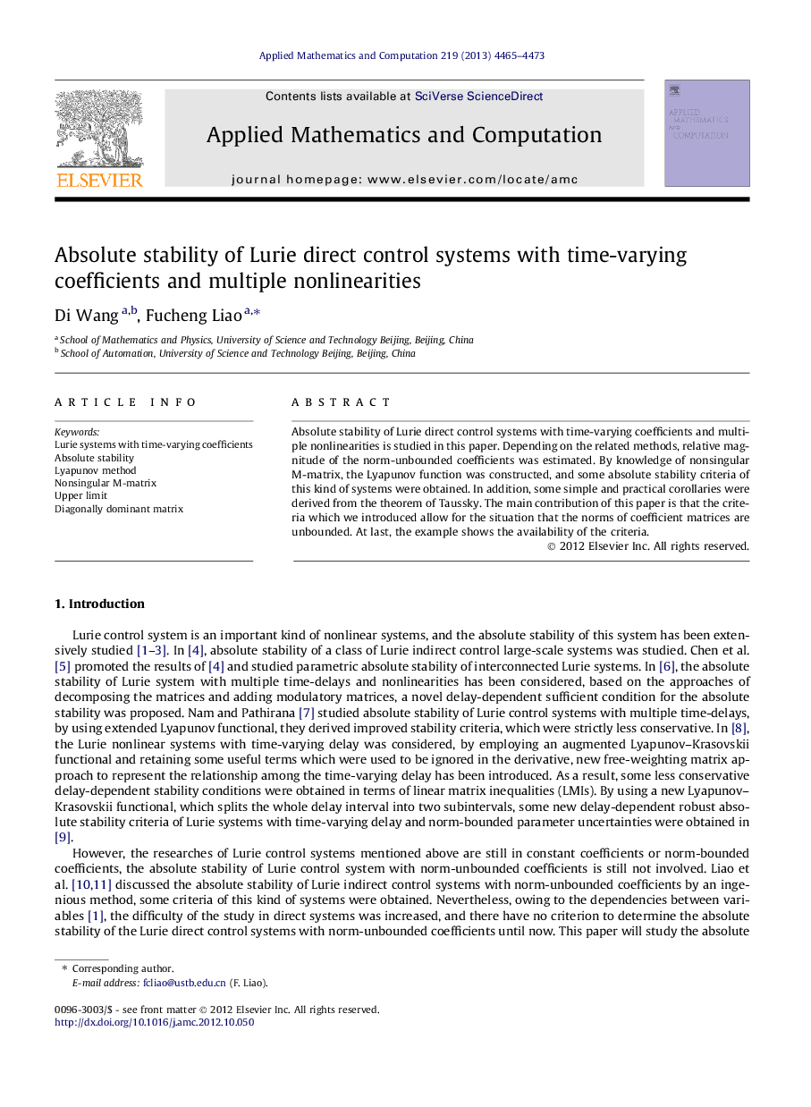 Absolute stability of Lurie direct control systems with time-varying coefficients and multiple nonlinearities