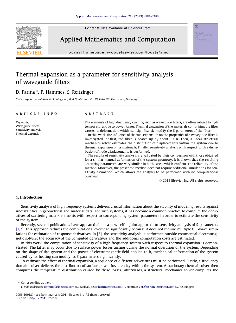 Thermal expansion as a parameter for sensitivity analysis of waveguide filters