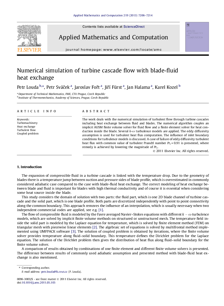 Numerical simulation of turbine cascade flow with blade-fluid heat exchange