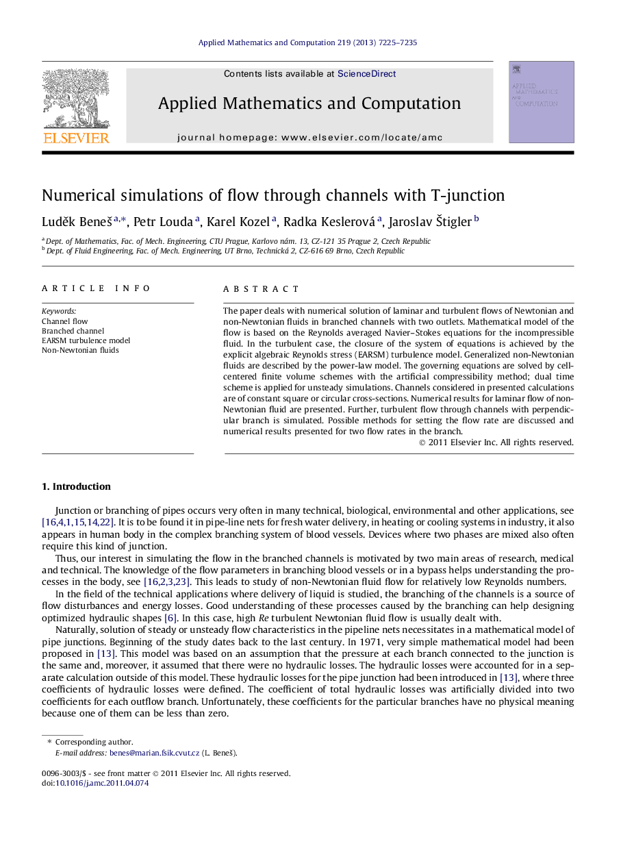 Numerical simulations of flow through channels with T-junction