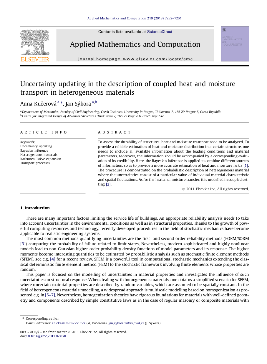 Uncertainty updating in the description of coupled heat and moisture transport in heterogeneous materials