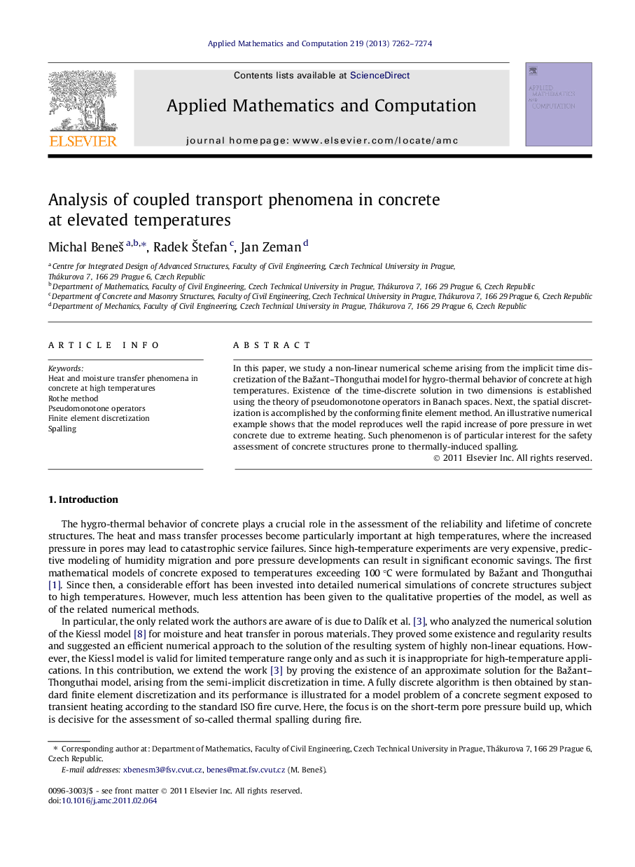 Analysis of coupled transport phenomena in concrete at elevated temperatures