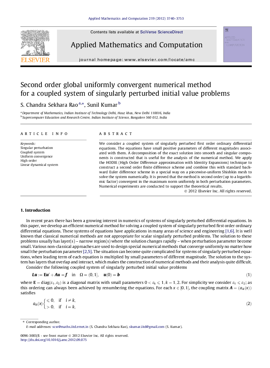 Second order global uniformly convergent numerical method for a coupled system of singularly perturbed initial value problems