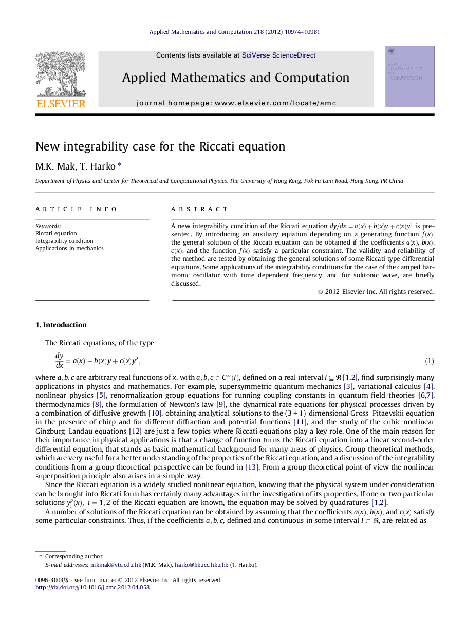 New integrability case for the Riccati equation