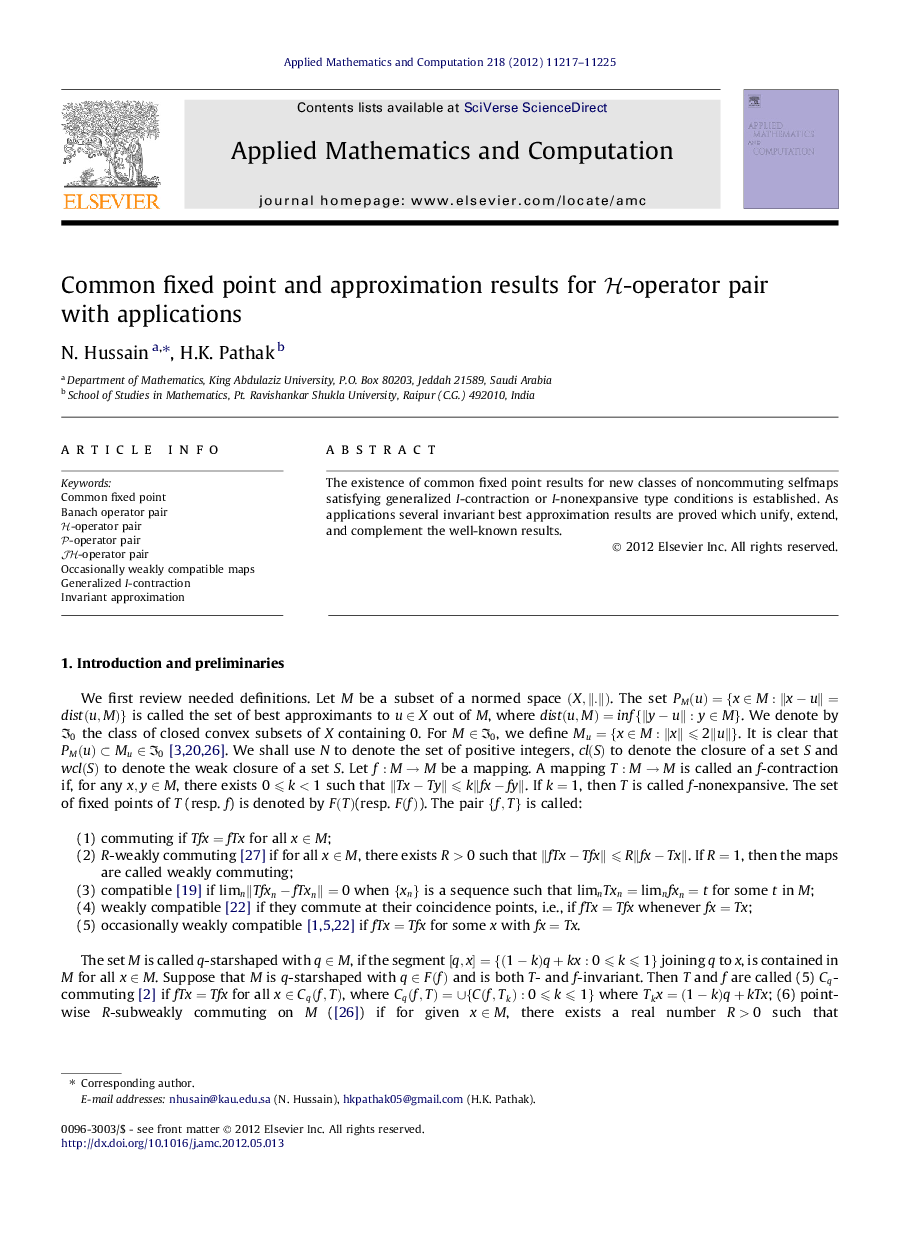 Common fixed point and approximation results for HH-operator pair with applications