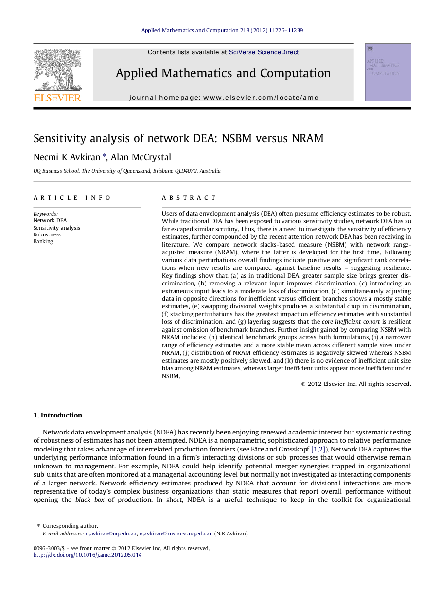 Sensitivity analysis of network DEA: NSBM versus NRAM