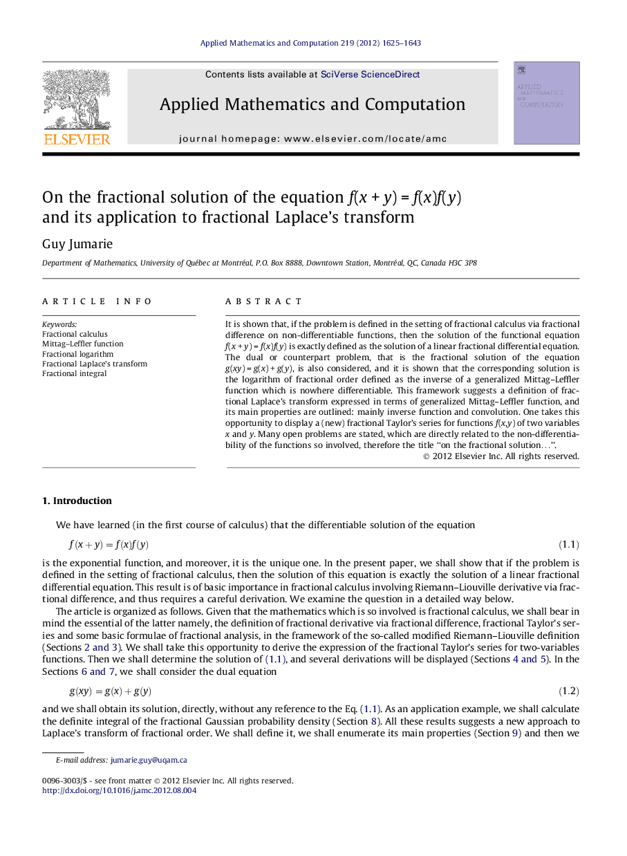 On the fractional solution of the equation f(x + y) = f(x)f(y) and its application to fractional Laplace’s transform