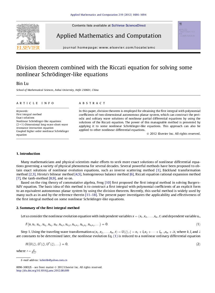 Division theorem combined with the Riccati equation for solving some nonlinear Schrödinger-like equations