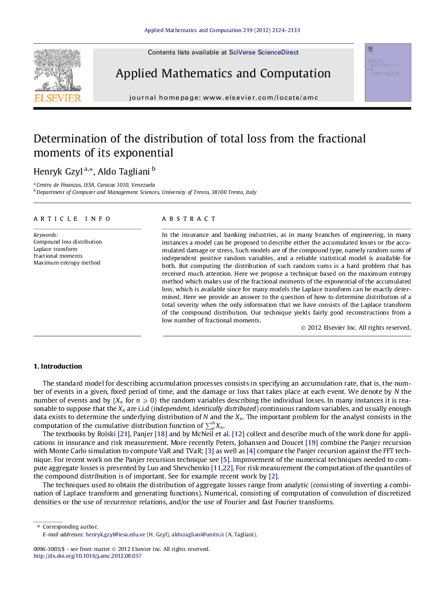 Determination of the distribution of total loss from the fractional moments of its exponential