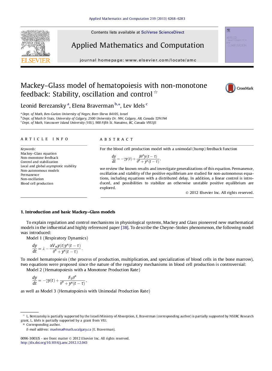 Mackey–Glass model of hematopoiesis with non-monotone feedback: Stability, oscillation and control 